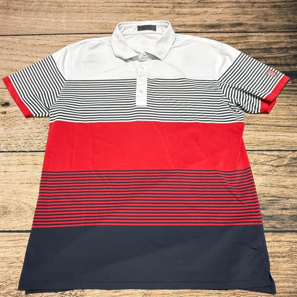 G/FORE Polo Shirt Men L White Red Navy Striped Baton Rouge Country Club Golf